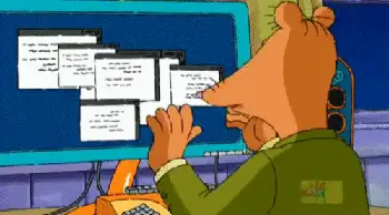 Arthur Read overwhelmed by computer screen filled with emails.