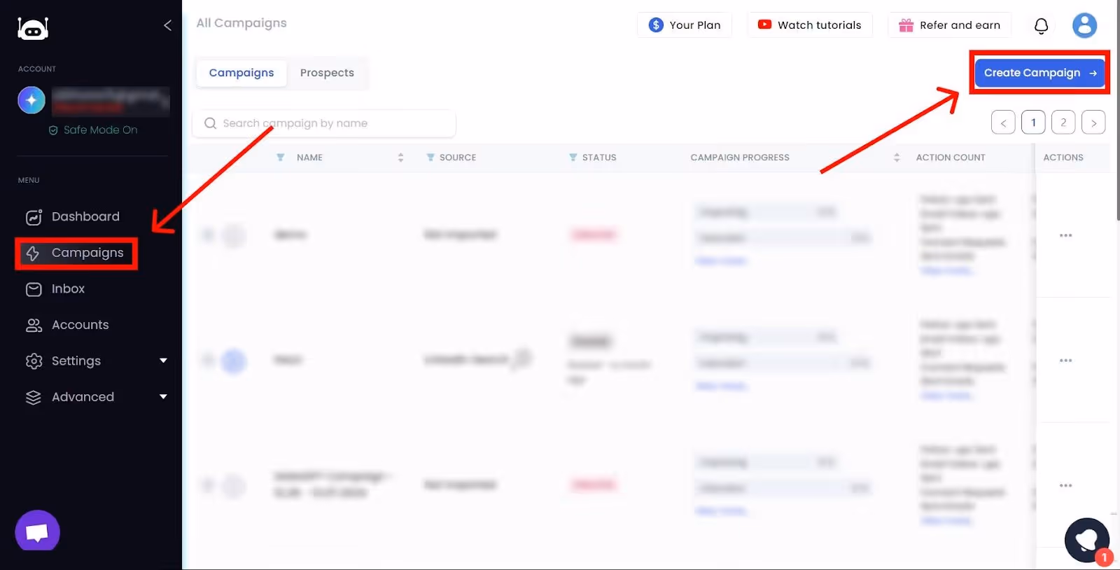SalesRobot main page with overview of campaigns.