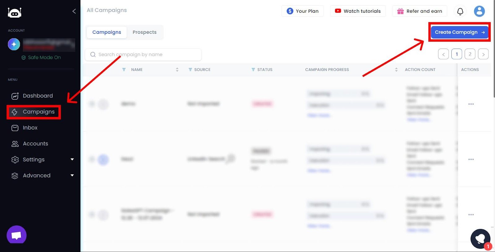 SalesRobot main page with overview of campaigns.