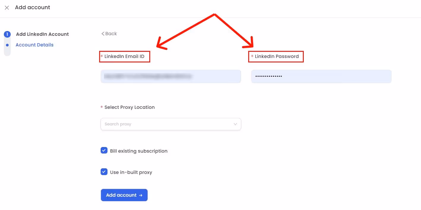 SalesRobot add account page showing fields to enter LinkedIn email ID and password.