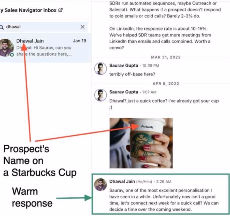 Warm response from prospect whose name is on a Starbucks cup.