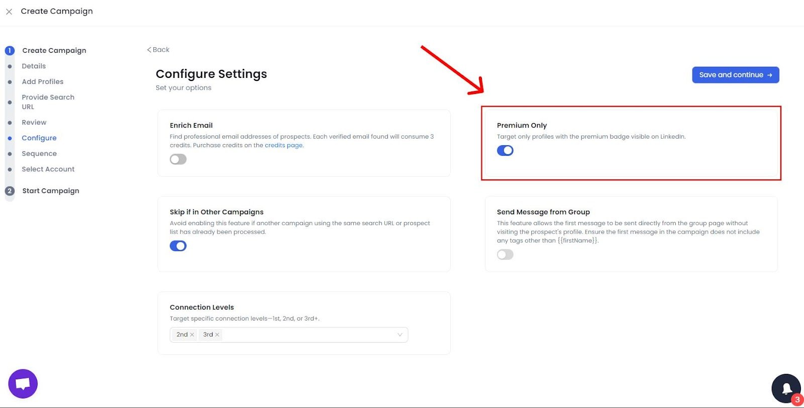 SalesRobot configuring campaign settings with options for Premium Only, skip if in other campaigns, and connection levels.