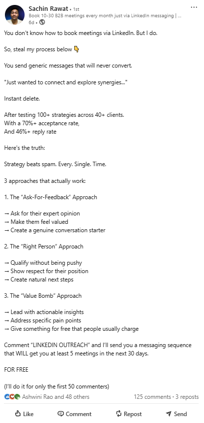 A LinkedIn post by Sachin Rawat about booking meetings via LinkedIn.