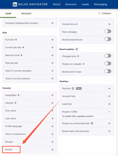 Sales Navigator filters to find alumni on LinkedIn