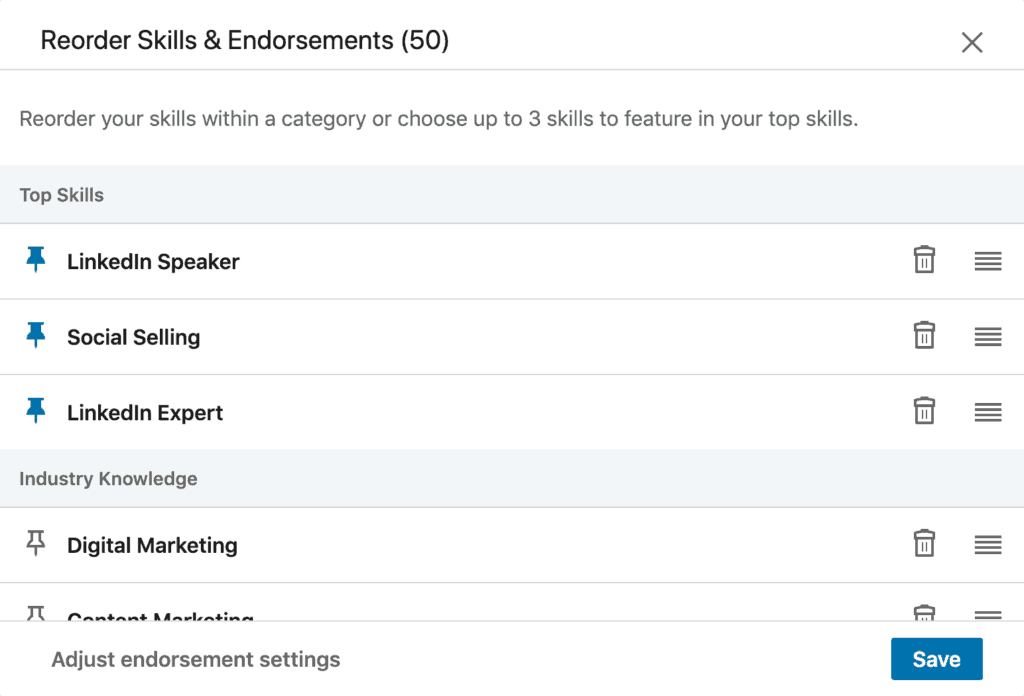 Option to reorder endorsements on LinkedIn