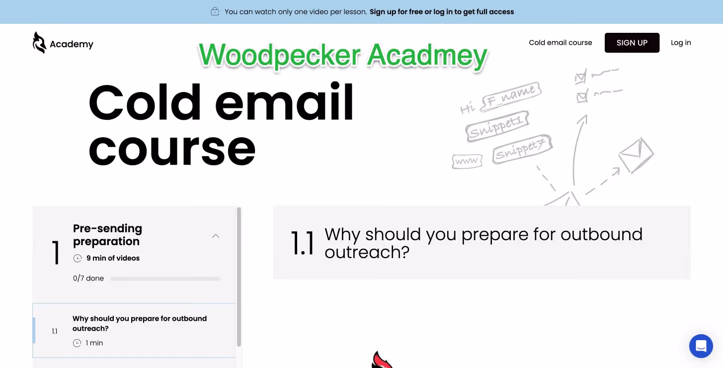 Woodpecker Academy cold email course landing page.
