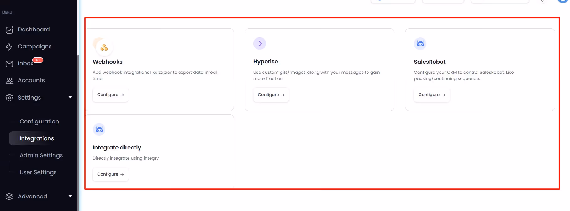 Klenty integrations settings page showing webhooks, hyperise, and Salesforce.