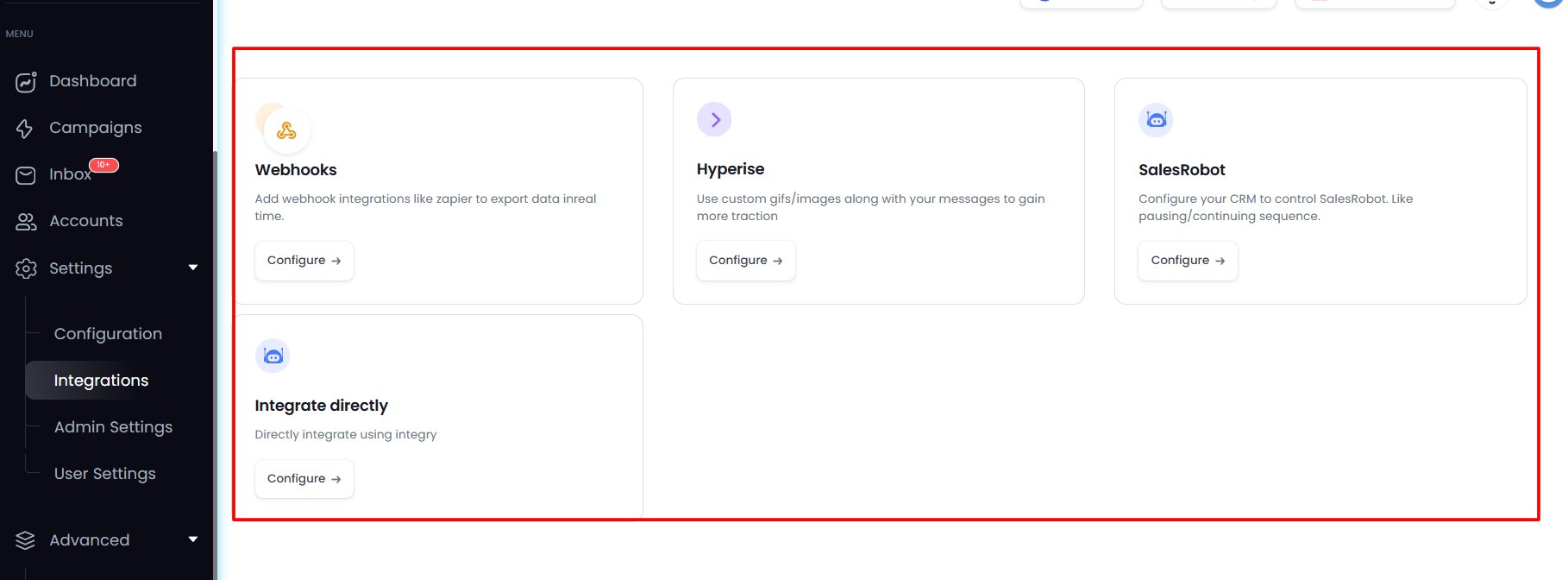 Klenty integrations settings page showing webhooks, hyperise, and Salesforce.