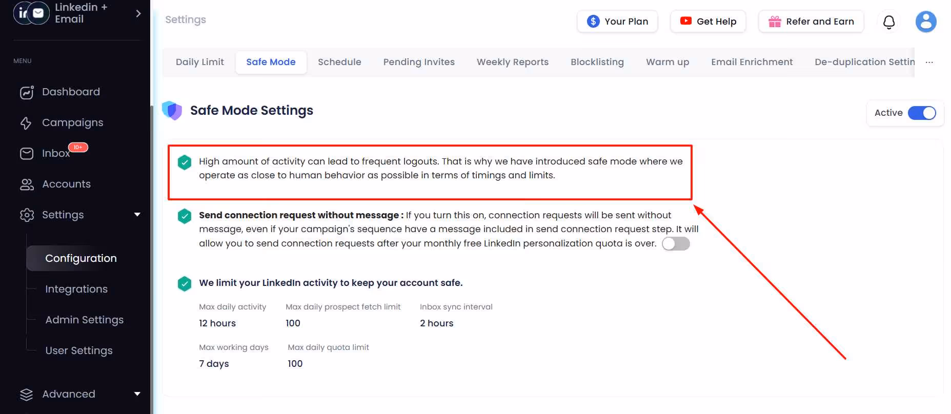SalesRobot's safe mode settings to manage activity and connection requests.