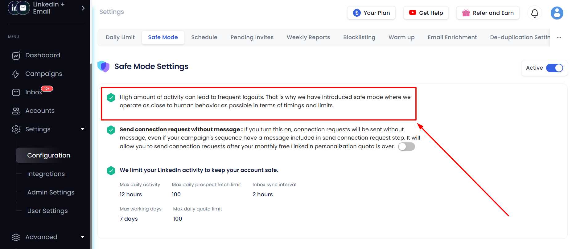 SalesRobot's safe mode settings to manage activity and connection requests.