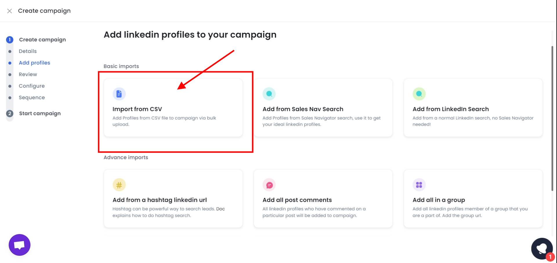 Button to export your LinkedIn prospect URL CSV.