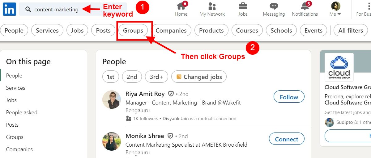 Searching for LinkedIn groups.