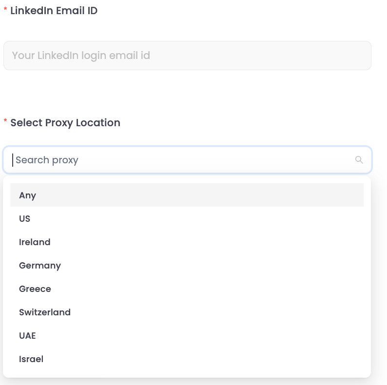 LinkedIn Email ID and Proxy Location settings.