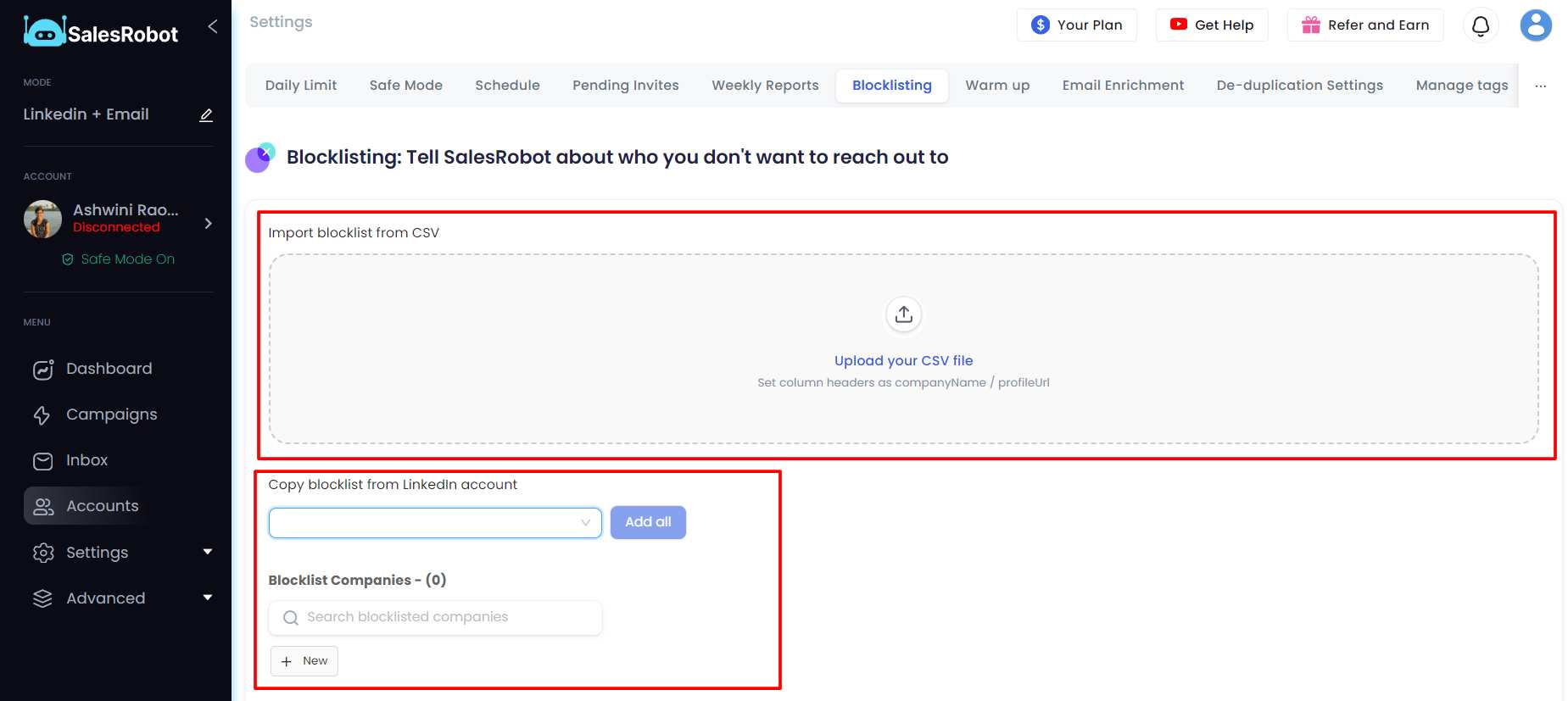 SalesRobot blacklisting feature