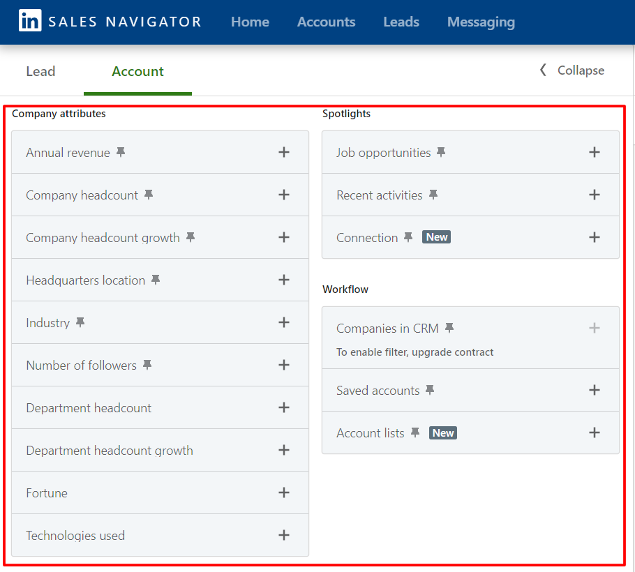 LinkedIn Sales Navigator Account filters