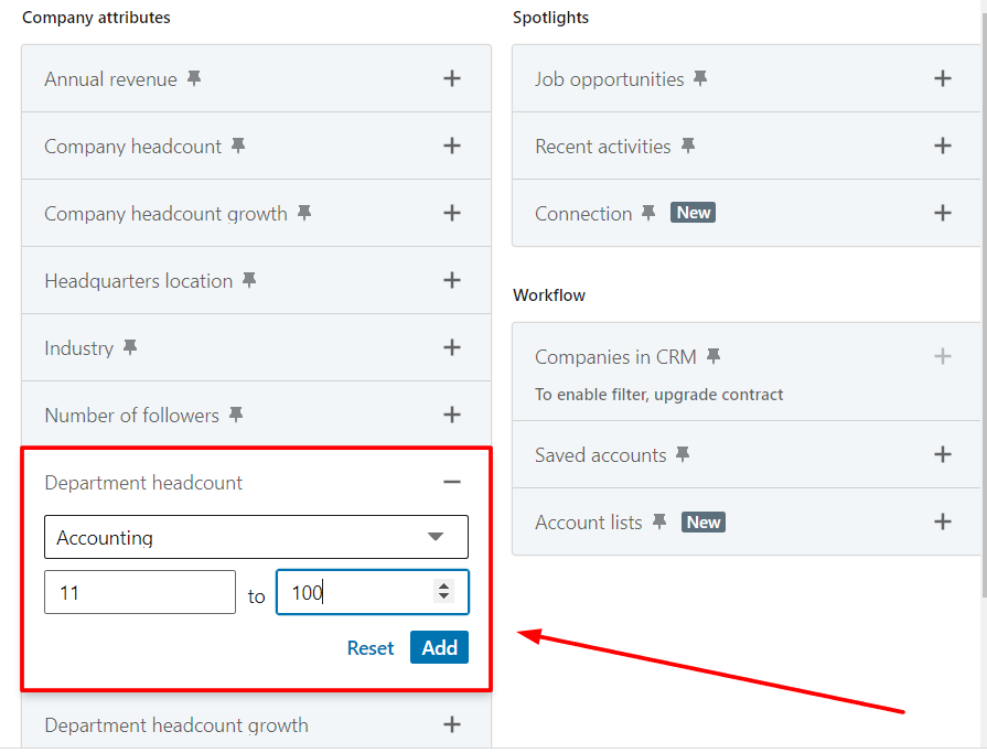 LinkedIn Sales Navigator Department Headcount filter