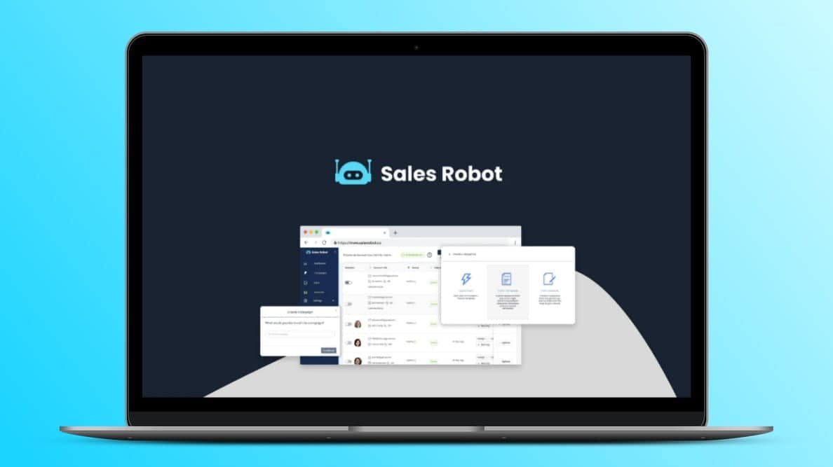 A laptop with the SalesRobot platform open on the screen