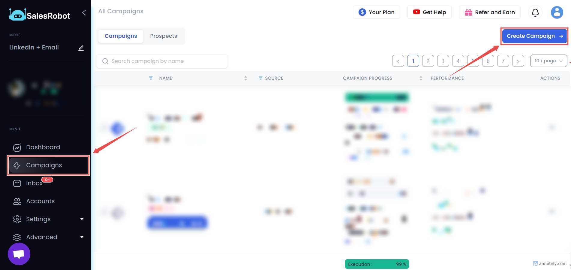 The screenshot shows the SalesRobot platform's interface, highlighting features like campaign management, inbox management, and the ability to create new outreach campaigns