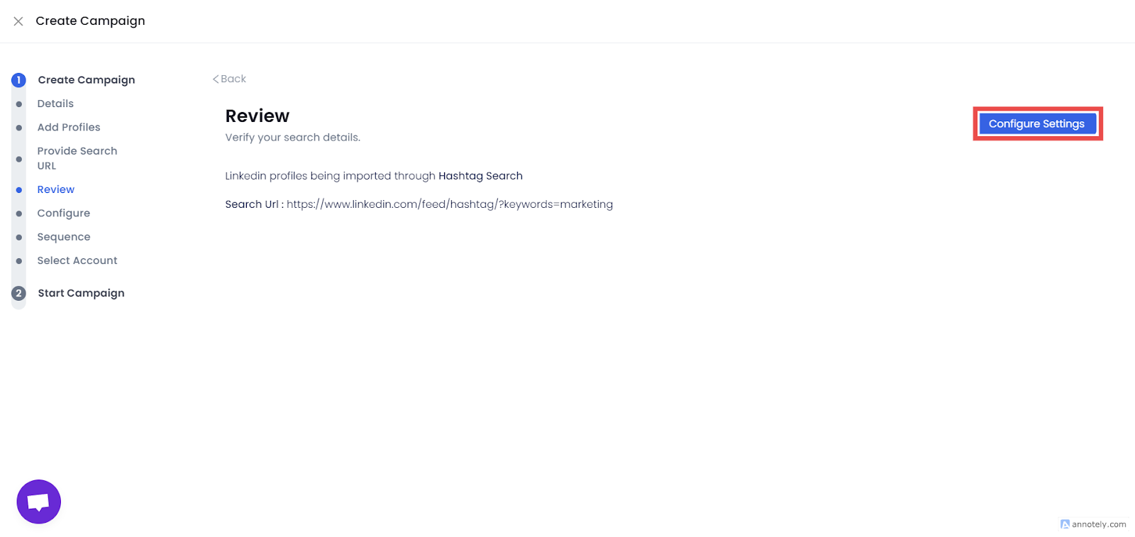 Image shows a part of the SalesRobot highlighting "Configure Settings"