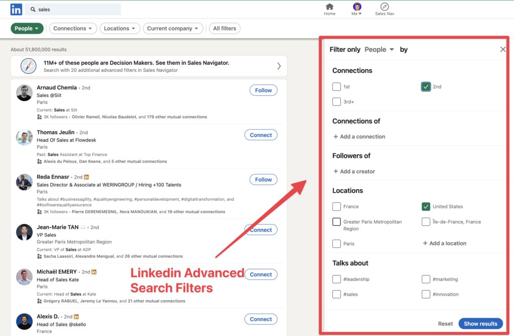 The image also highlights the "LinkedIn Advanced Search Filters" section