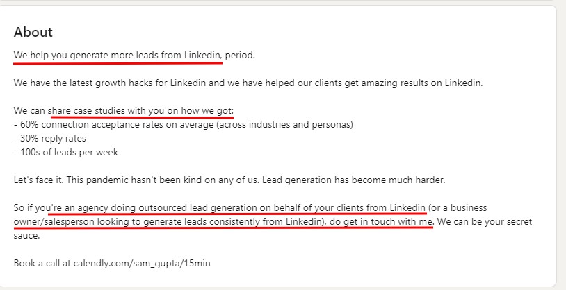 an example of LinkedIn Bio of an optimized LinkedIn profile. 
