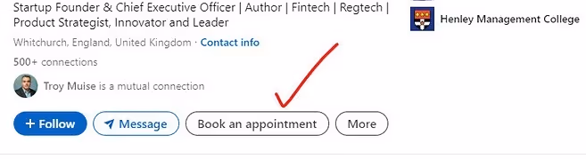 LinkedIn profile showing the book an appointment call to action.