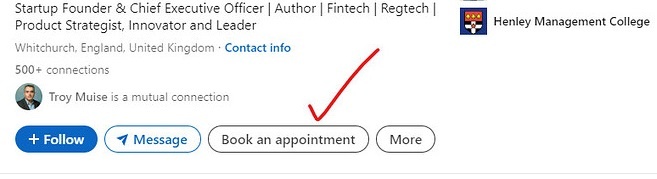 LinkedIn profile showing the book an appointment call to action.