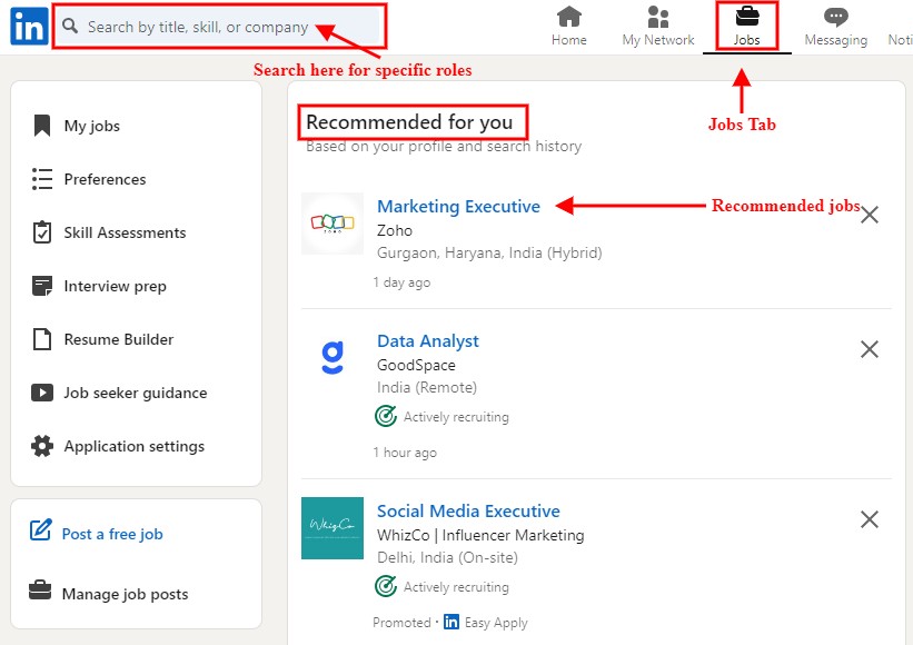 how to search for a specific job role and recommended jobs panel. 