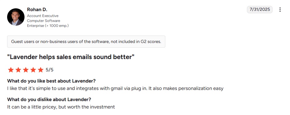 Screenshot of a review for Lavender, with a 5/5 star rating.