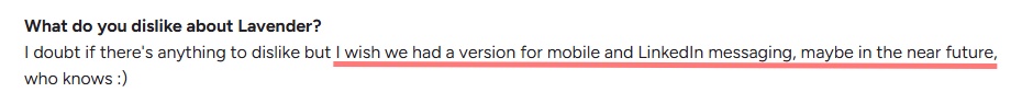 A positive review of Lavender expressing a wish for a mobile and LinkedIn messaging version.