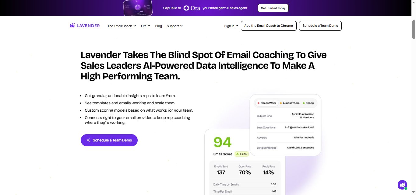 Screenshot of Lavender's website, highlighting AI-powered data intelligence for sales leaders.
