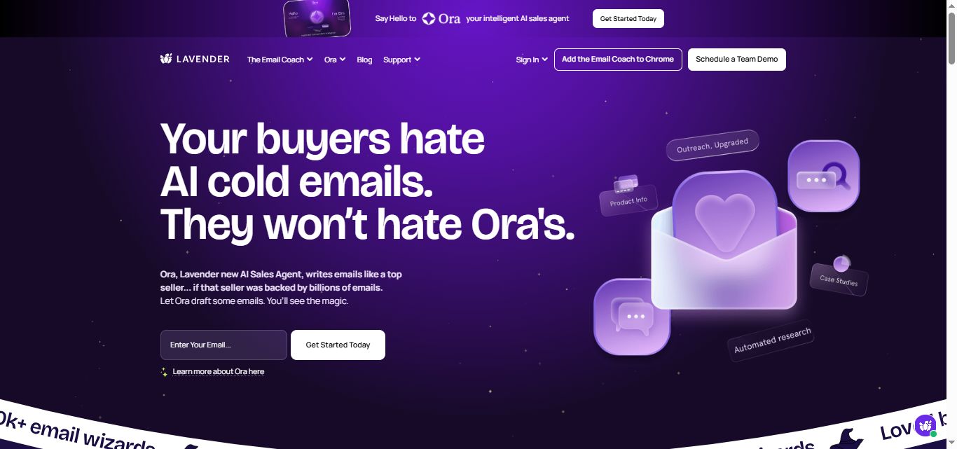 Website homepage with the headline "Your buyers hate AI cold emails. They won’t hate Ora’s."