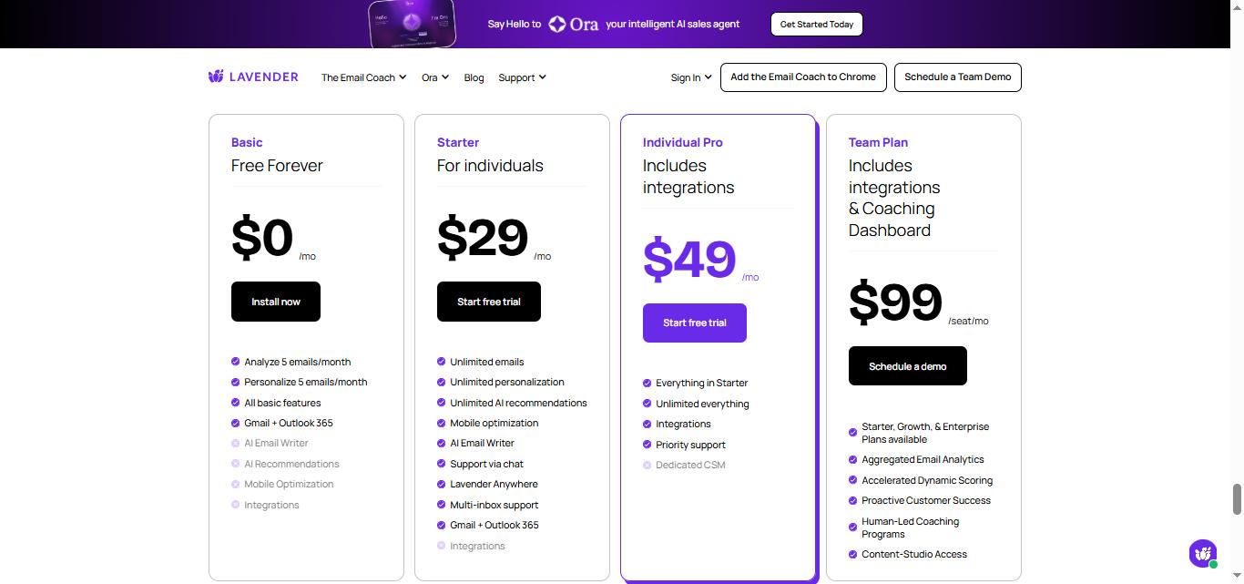 Pricing plans for Lavender, including Basic, Starter, Individual Pro, and Team Plan.