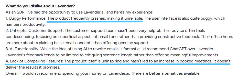 Screenshot of a negative review for Lavender, detailing bugs and poor customer support.