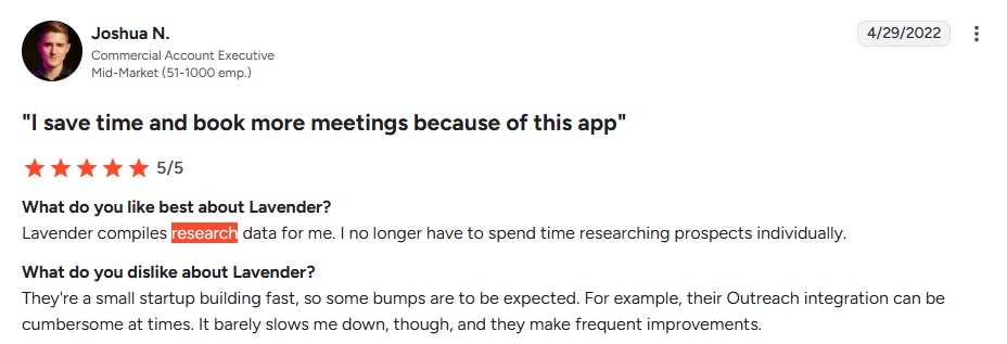 Screenshot of a review for Lavender, with a 5/5 star rating, stating "I save time and book more meetings because of this app.