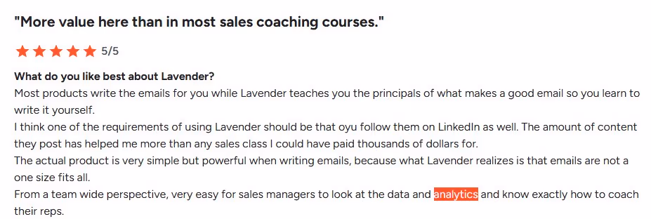 Screenshot of a positive review for Lavender, with a 5/5 star rating, stating "More value here than in most sales coaching courses.