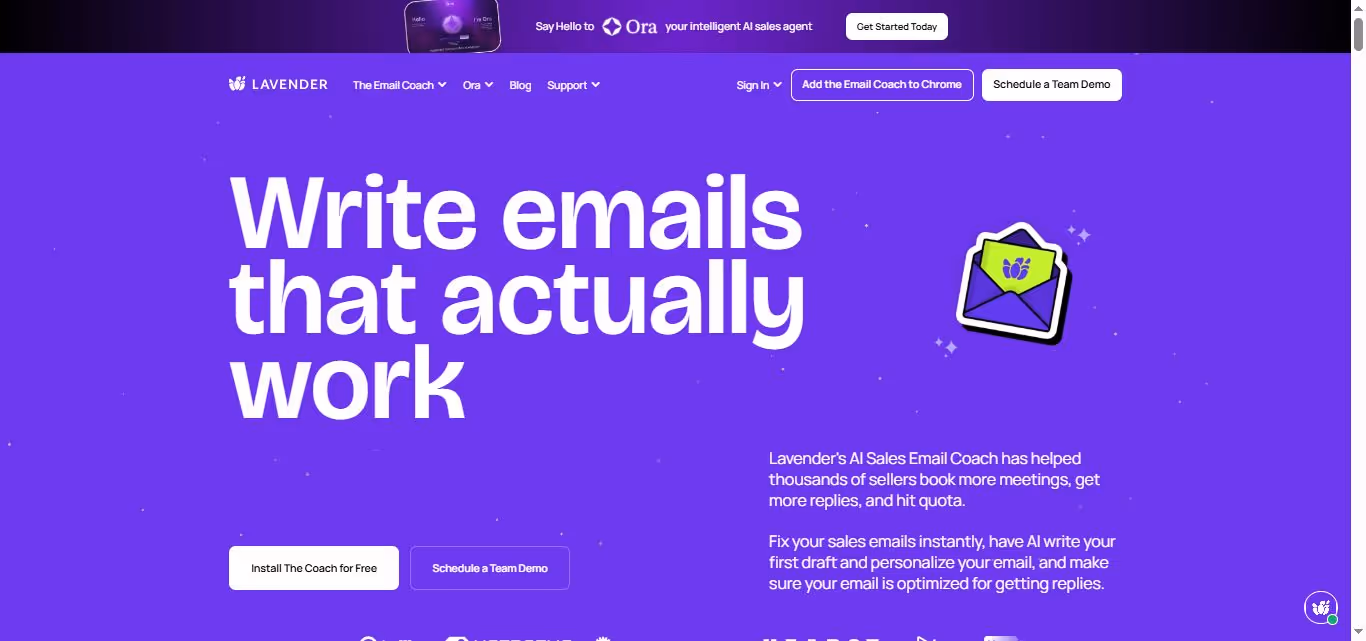 Homepage for Lavender, an AI sales email coach, with the headline "Write emails that actually work."