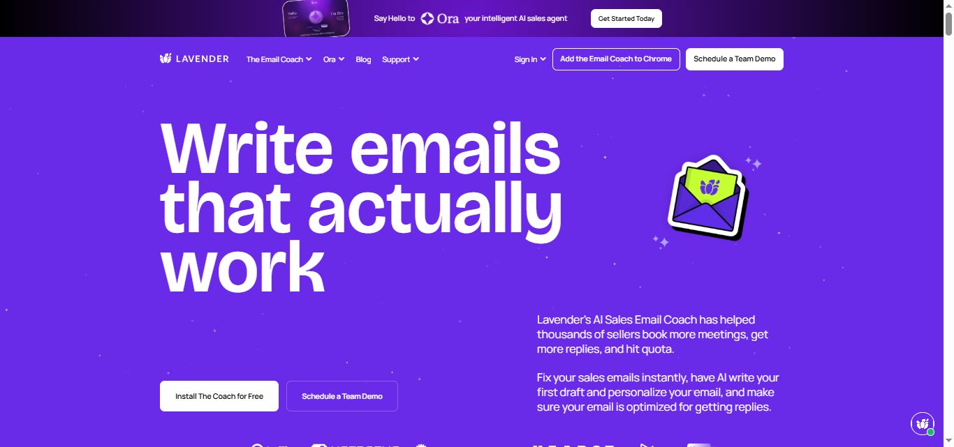 Homepage for Lavender, an AI sales email coach, with the headline "Write emails that actually work."