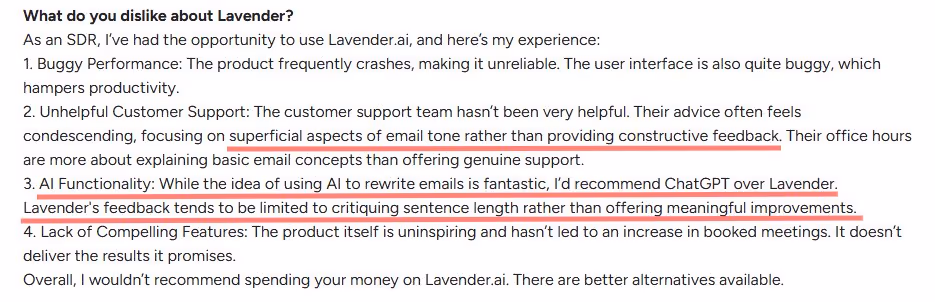 A negative review of Lavender, highlighting buggy performance, unhelpful customer support, and limited AI functionality.