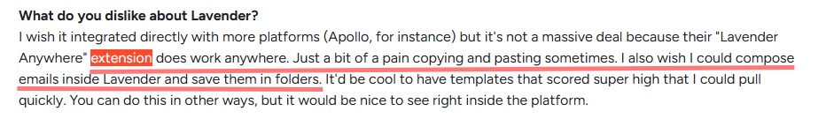 A review of Lavender mentioning a lack of integration with more platforms and the inability to compose emails within the platform.