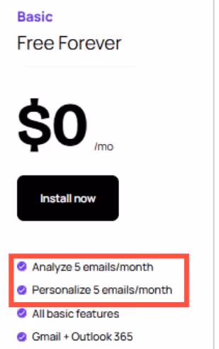 Close-up of the "Basic" pricing plan for Lavender, showing it is "Free Forever" and includes "Analyze 5 emails/month" and "Personalize 5 emails/month". 