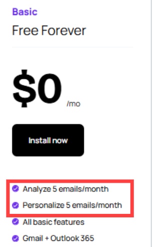 Close-up of the "Basic" pricing plan for Lavender, showing it is "Free Forever" and includes "Analyze 5 emails/month" and "Personalize 5 emails/month".