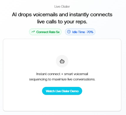 Screenshot of the graph8 Live Dialer feature, explaining how AI connects live calls to reps and maximizes conversations