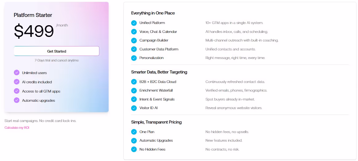 Screenshot of the graph8 "Platform Starter" pricing page, listing features and benefits of the $499/month plan.