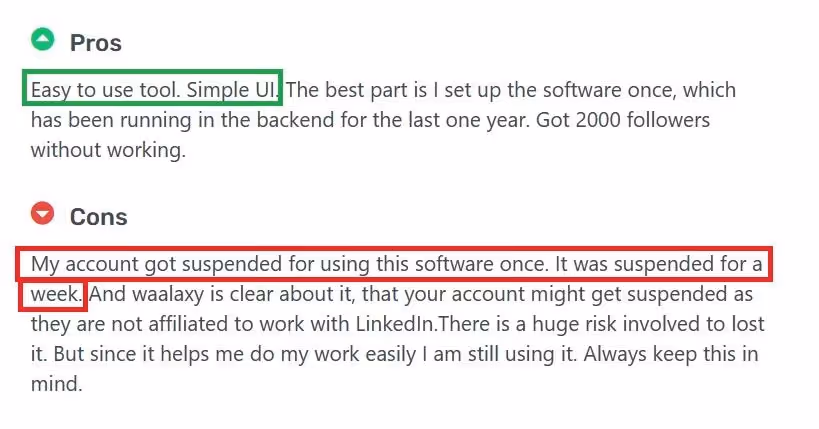Negative user review of Waalaxy saying that the Chrome extension platform caused their account to get banned 