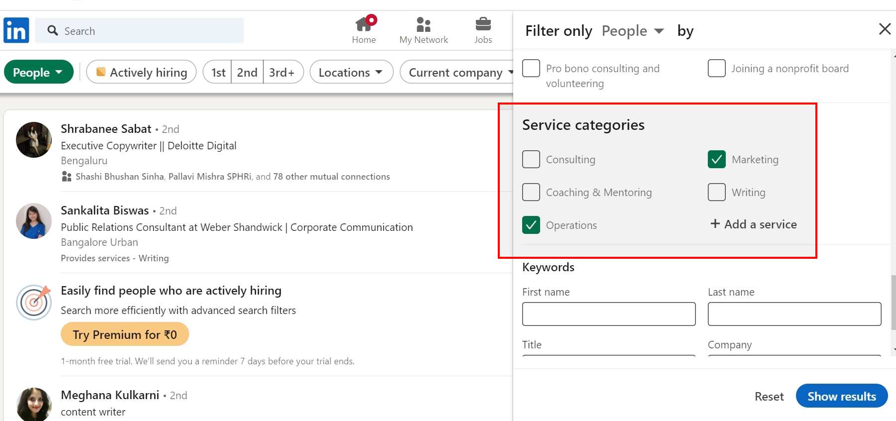 Options for choosing services on LinkedIn.