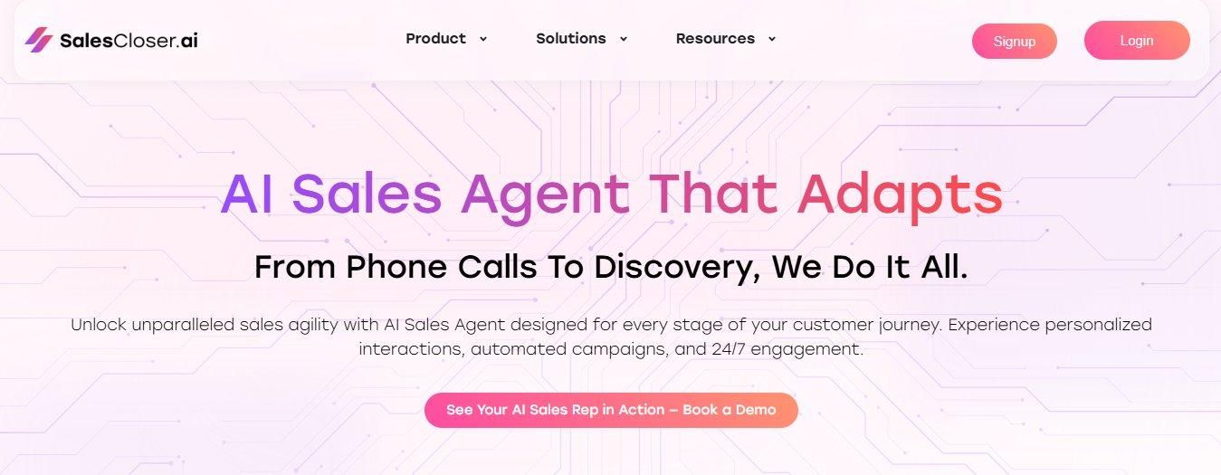 SalesCloser.ai homepage with AI Sales Agent graphic.