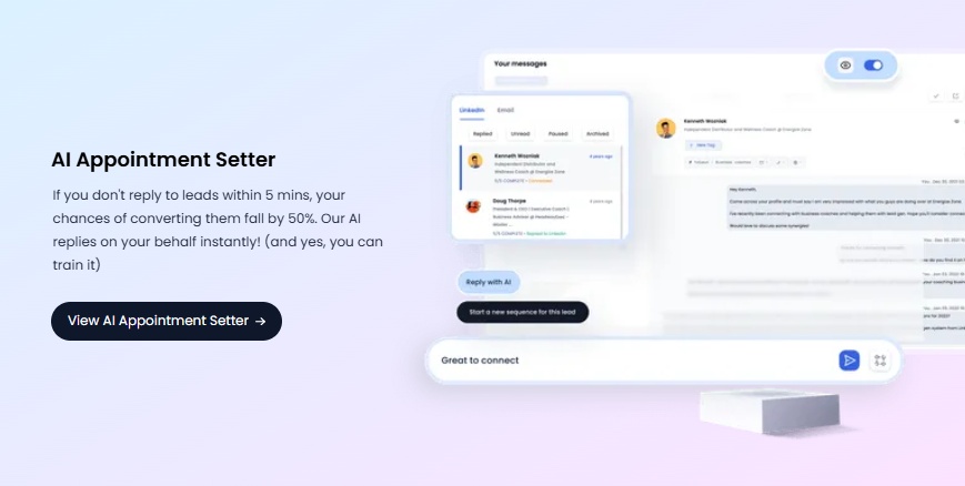 AI Appointment Setter interface displaying a chat window and profile information.