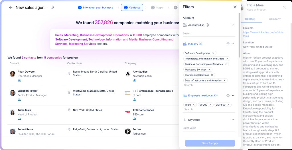 Search results page showing company and contact information.