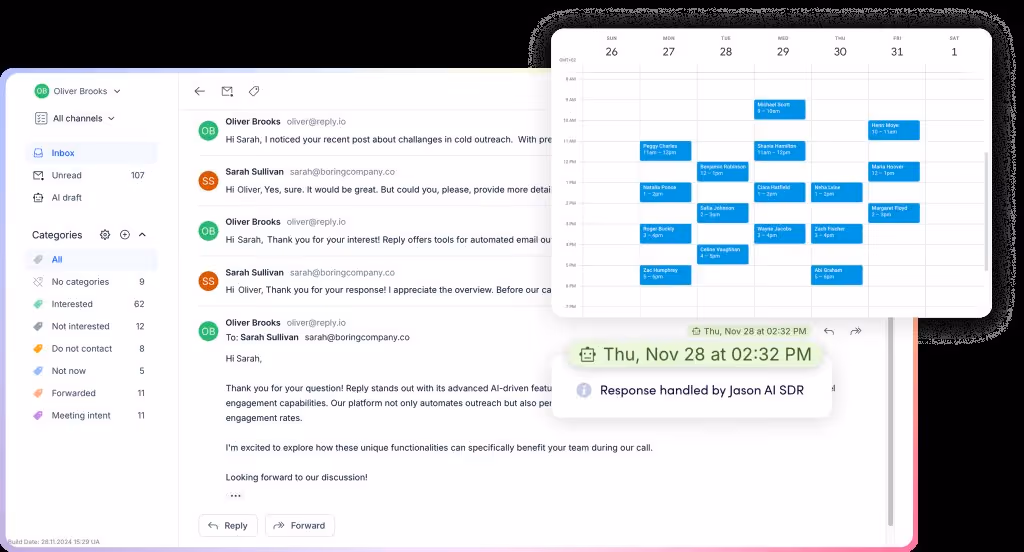 Email inbox and calendar interface with AI SDR integration.